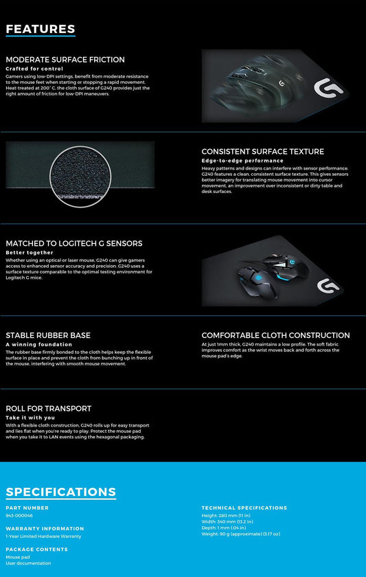 Logitech G240 Cloth Gaming Mouse Pad (943-000046) | Auzzi Store