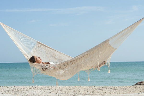 Mayan Legacy King Size Deluxe Outdoor Cotton Mexican Hammock in Cream Colour | Auzzi Store