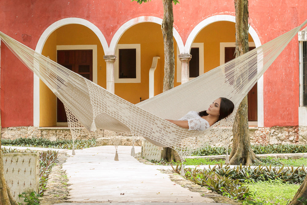 Mayan Legacy King Size Deluxe Outdoor Cotton Mexican Hammock in Cream Colour | Auzzi Store