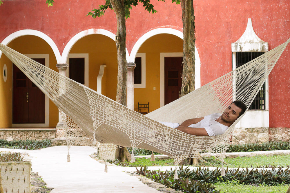 Mayan Legacy King Size Deluxe Outdoor Cotton Mexican Hammock in Cream Colour | Auzzi Store