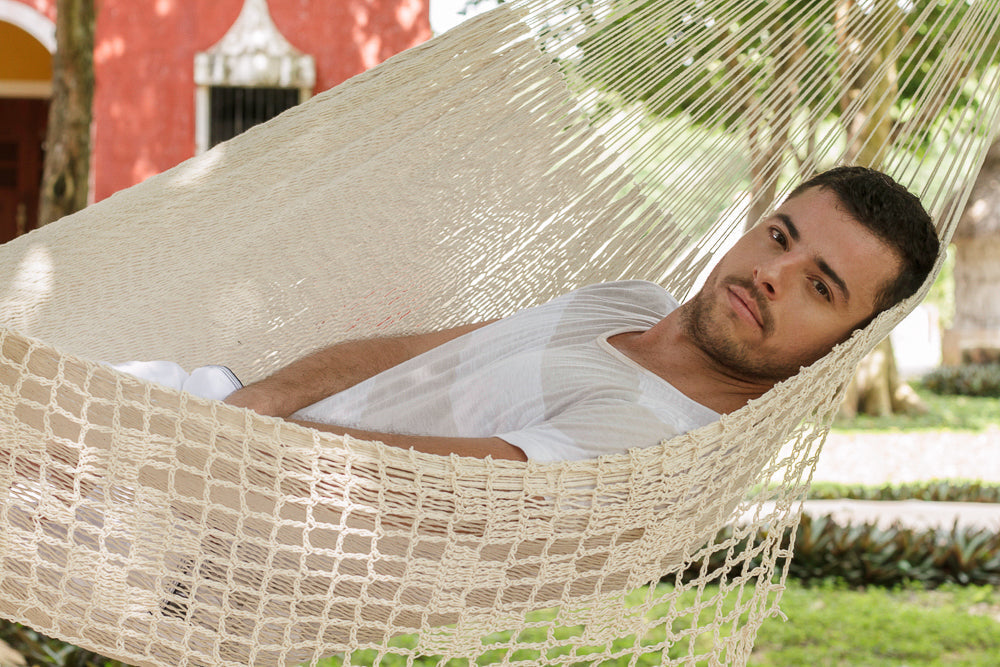 Mayan Legacy King Size Deluxe Outdoor Cotton Mexican Hammock in Cream Colour | Auzzi Store