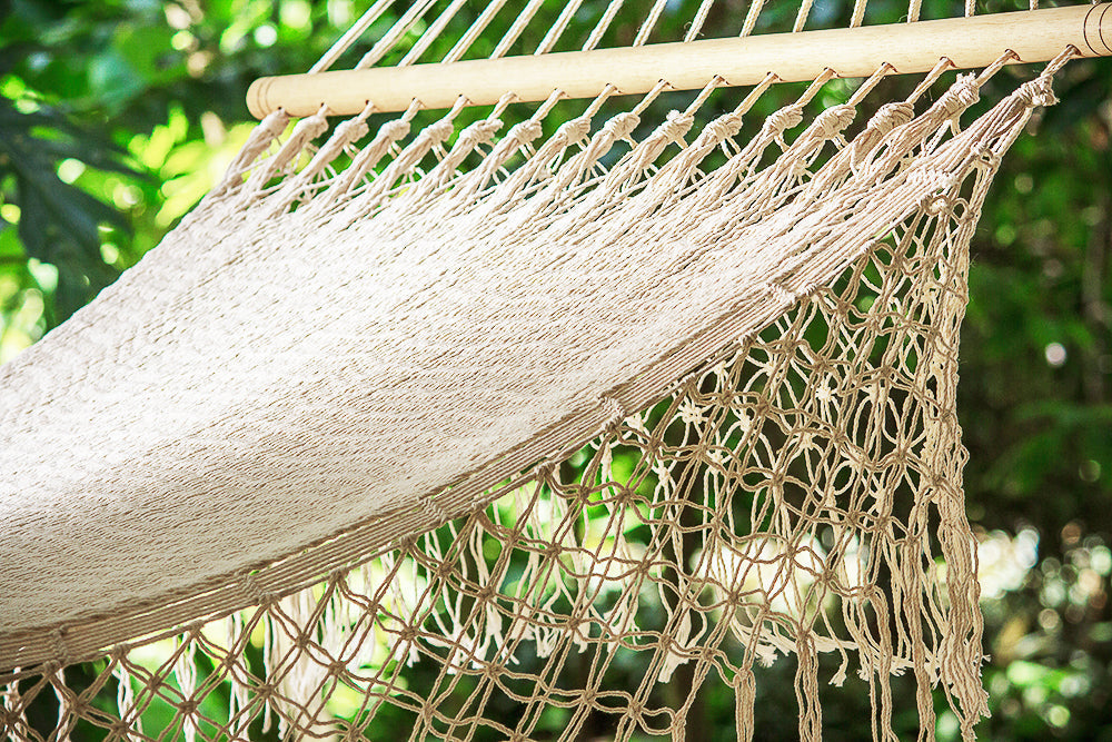 Mayan Legacy Queen Size Outdoor Cotton Mexican Resort Hammock With Fringe in Cream Colour | Auzzi Store