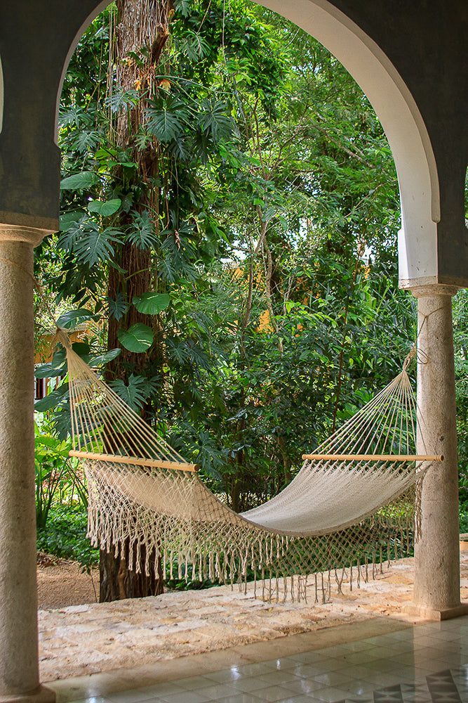 Mayan Legacy Queen Size Outdoor Cotton Mexican Resort Hammock With Fringe in Cream Colour | Auzzi Store