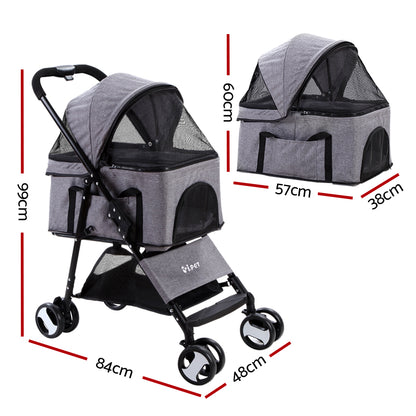 i.Pet Pet Stroller Dog Carrier Foldable Pram 3 IN 1 Middle Size Grey Auzzi Store