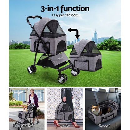 i.Pet Pet Stroller Dog Carrier Foldable Pram 3 IN 1 Middle Size Grey Auzzi Store