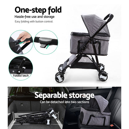 i.Pet Pet Stroller Dog Carrier Foldable Pram 3 IN 1 Middle Size Grey Auzzi Store