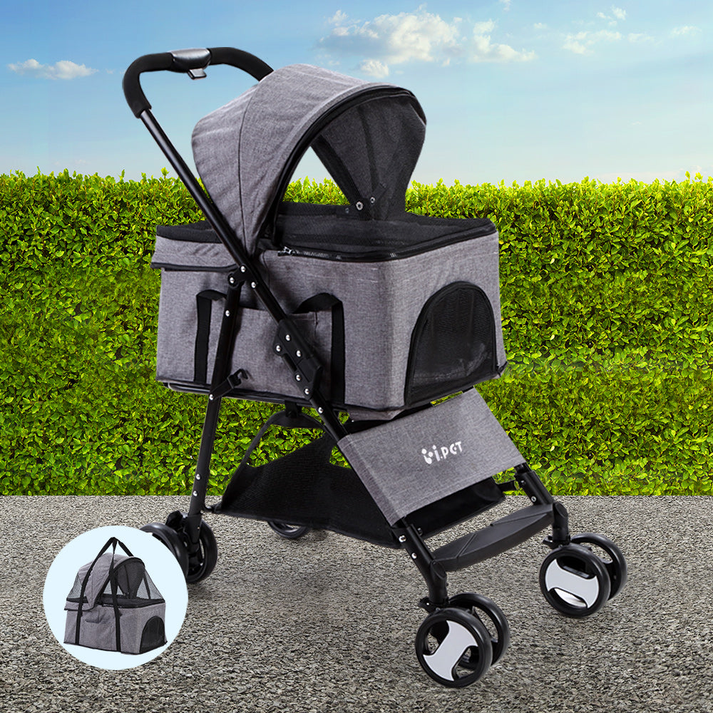 i.Pet Pet Stroller Dog Carrier Foldable Pram 3 IN 1 Middle Size Grey Auzzi Store