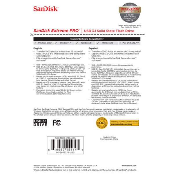 SanDisk 256GB Extreme PRO USB 3.2 Solid State Flash Drive (SDCZ880-256G) | Auzzi Store