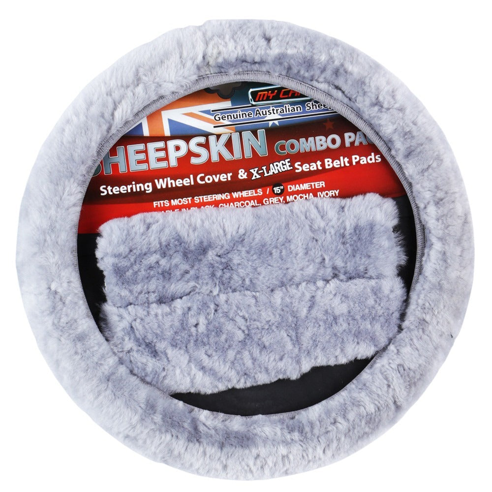 Sheepskin Steering Wheel Cover & Seat Belt Pads Combo Luxury - Grey | Auzzi Store