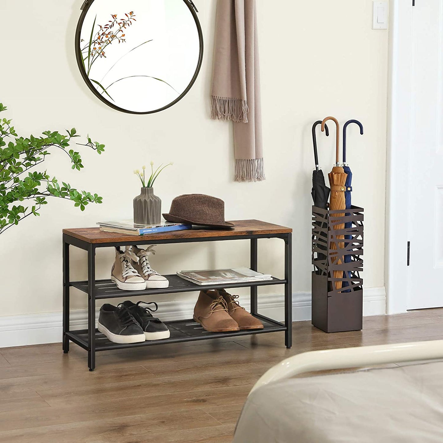 Shoe Rack with 2 Mesh Shelves, Rustic Brown and Black | Auzzi Store