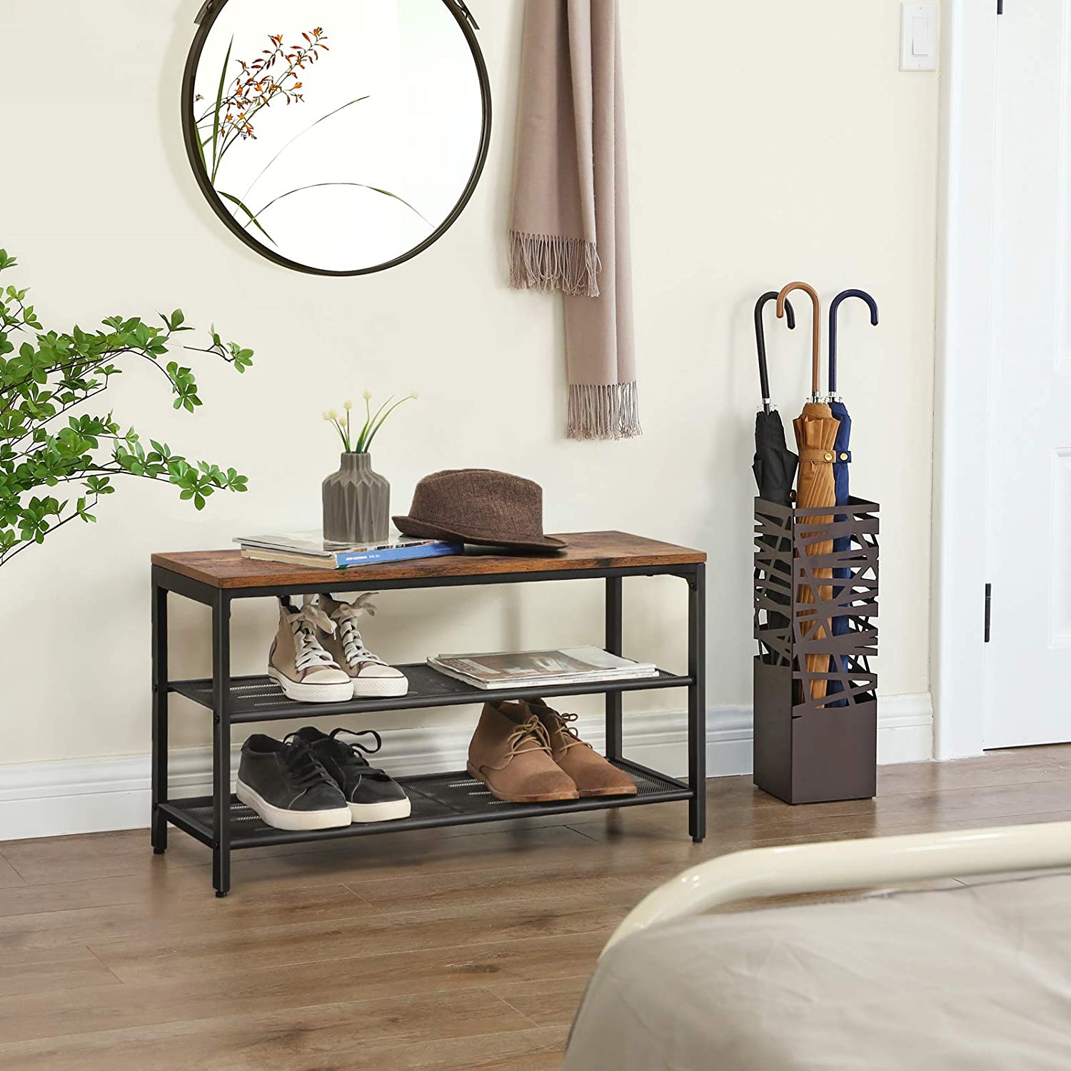 Shoe Rack with 2 Mesh Shelves, Rustic Brown and Black | Auzzi Store