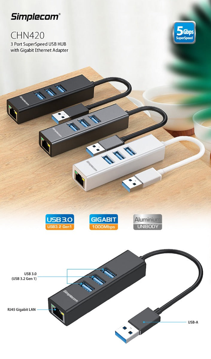 Simplecom CHN420 Aluminium 3 Port SuperSpeed USB HUB with Gigabit Ethernet Adapter Black | Auzzi Store