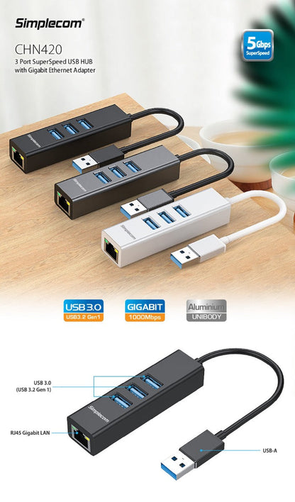 Simplecom CHN420 Aluminium 3 Port SuperSpeed USB HUB with Gigabit Ethernet Adapter Black | Auzzi Store