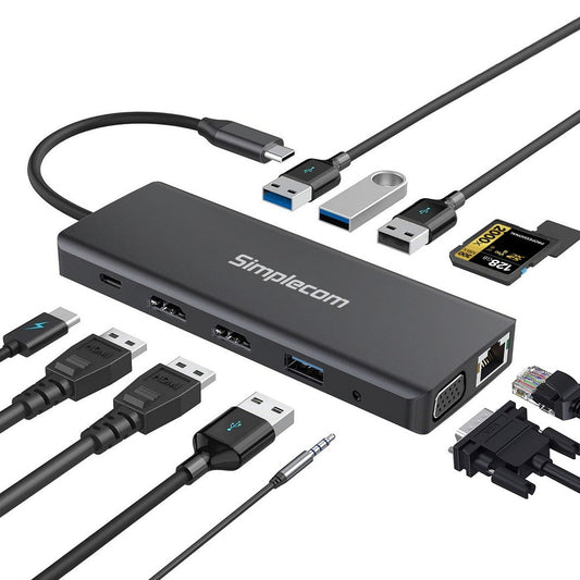 Simplecom CHN612 USB-C 12-in-1 Multiport Docking Station Dual HDMI + VGA Triple Display Gigabit LAN | Auzzi Store