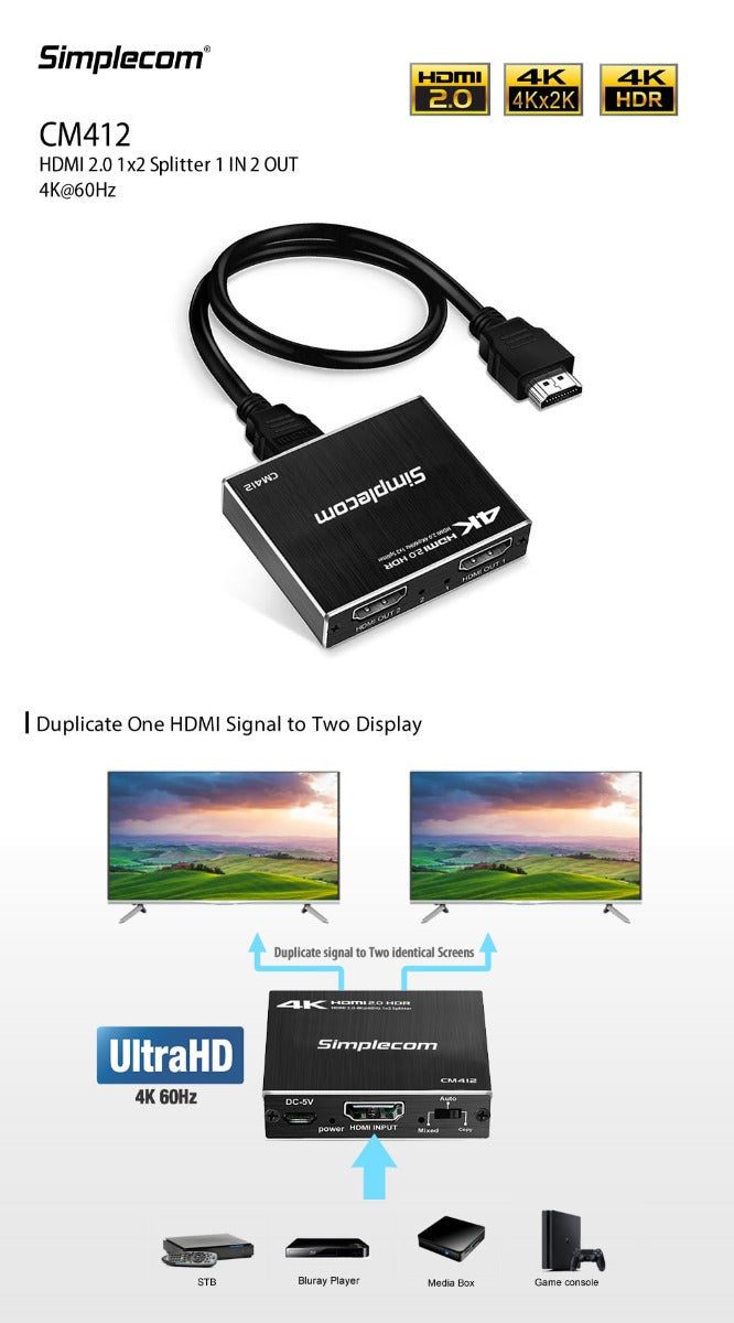 Simplecom CM412 HDMI 2.0 1x2 Splitter 1 IN 2 Out 4K@60Hz HDR10 2 Port HDMI Duplicator | Auzzi Store