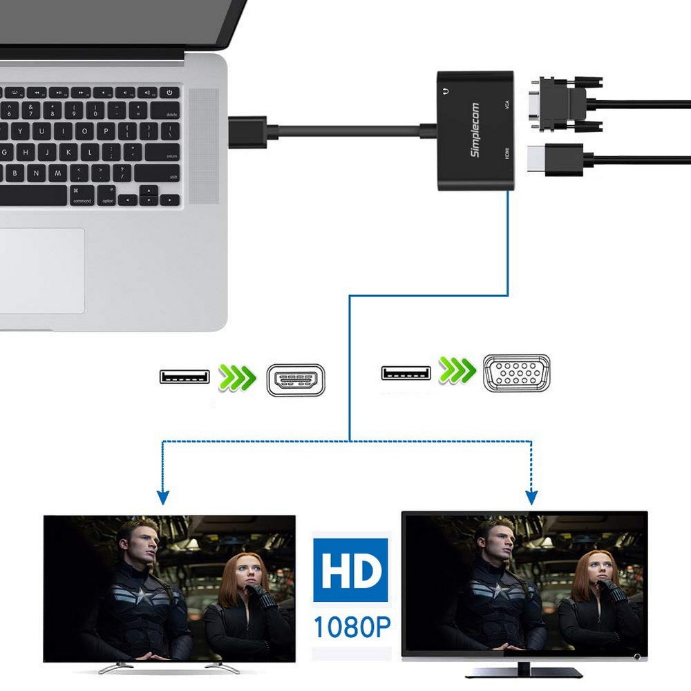 Simplecom DA316A USB to HDMI + VGA Video Card Adapter with 3.5mm Audio | Auzzi Store