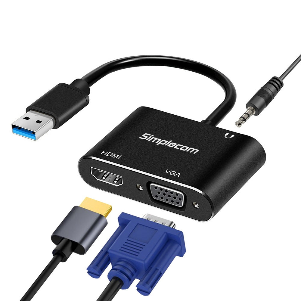 Simplecom DA316A USB to HDMI + VGA Video Card Adapter with 3.5mm Audio | Auzzi Store