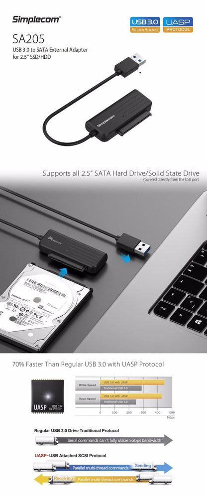 Simplecom SA205 Compact USB 3.0 to SATA Adapter Cable Converter for 2.5" SSD/HDD | Auzzi Store