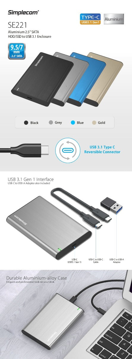 Simplecom SE221 Aluminium 2.5'' SATA HDD/SSD to USB 3.1 Enclosure Gold | Auzzi Store
