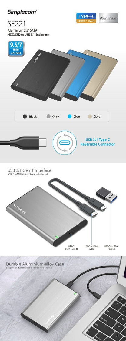 Simplecom SE221 Aluminium 2.5'' SATA HDD/SSD to USB 3.1 Enclosure Gold | Auzzi Store