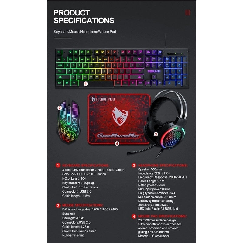 T-Wolf TF400 4-pcs Rainbow Keyboard/Mouse/Headphone/Mouse Pad Kit Set | Auzzi Store