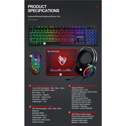 T-Wolf TF400 4-pcs Rainbow Keyboard/Mouse/Headphone/Mouse Pad Kit Set | Auzzi Store