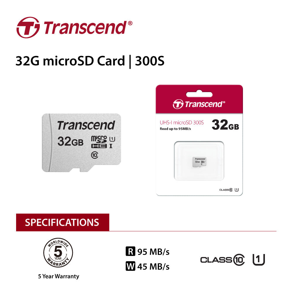 TRANSCEND TS32GUSD300S 32GB UHS-I U1 microSD w/o Adapter  (microSDHC I, C10, U1) | Auzzi Store