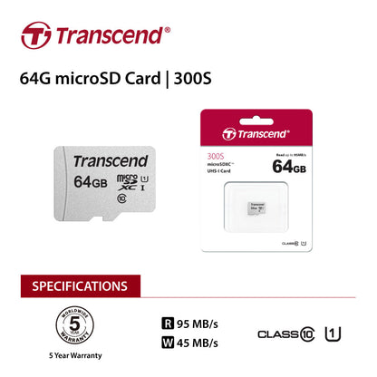 TRANSCEND TS64GUSD300S 64GB UHS-I U1 microSD w/o Adapter  (microSDHC I, C10, U1) | Auzzi Store