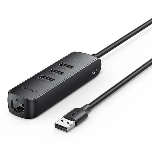 UGREEN 20984 USB 2.0 to 3 x USB2.0 with RJ45 (100Mbps) Ethernet Adapter (Black) | Auzzi Store