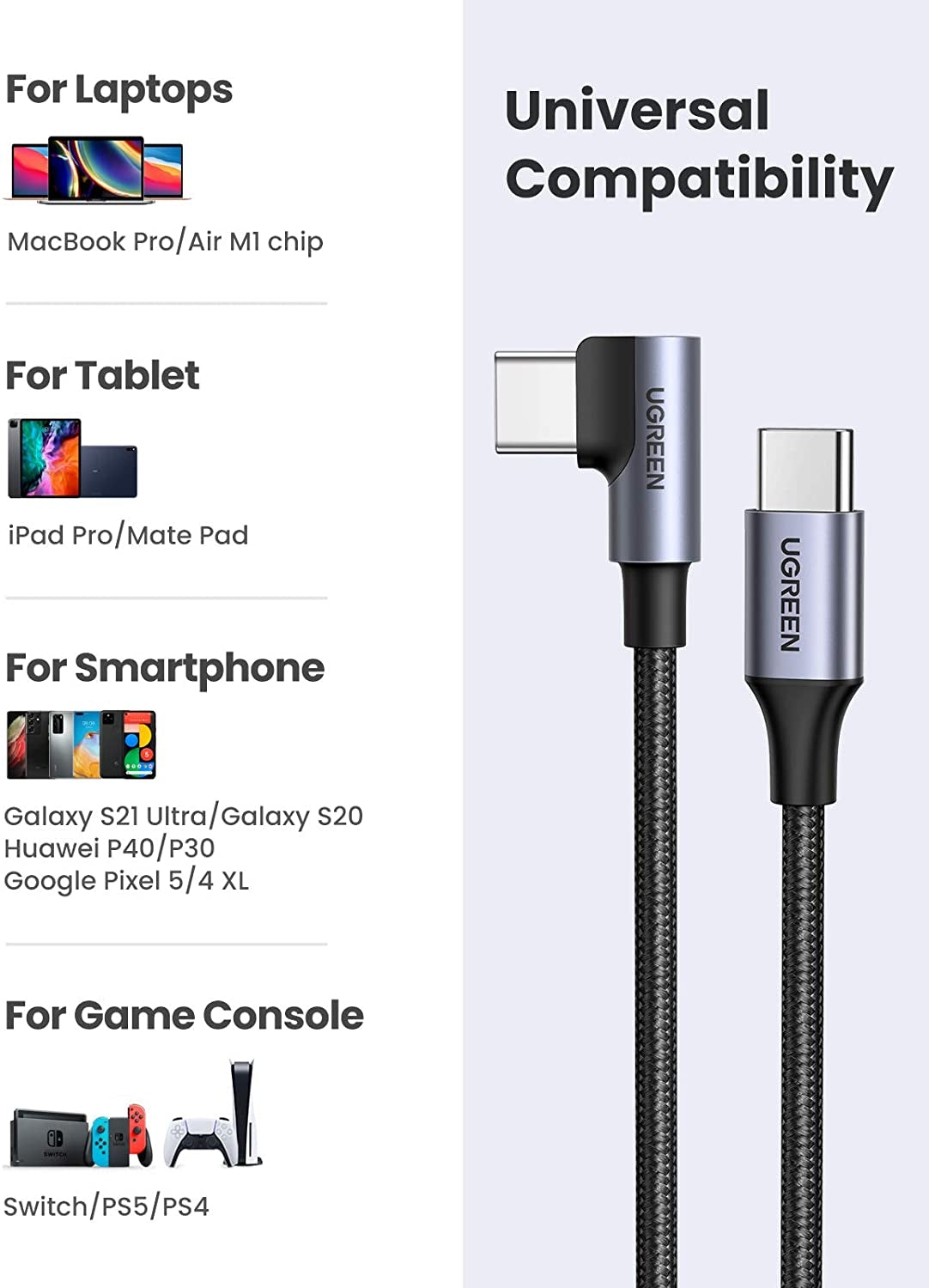 UGREEN 80714 USB-C 2.0 to Angle USB-C Cable Black 3M | Auzzi Store