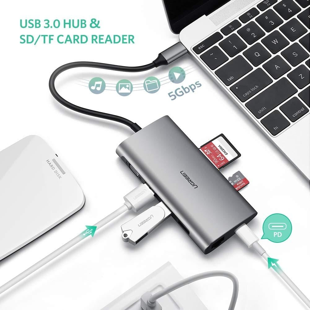 UGREEN Type C 8 in 1 Multifultion adaptor VGA/RJ45/USB3.0 x 3/SD/TF/TypeC PD Protocal (50539) | Auzzi Store