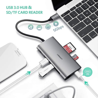UGREEN Type C 8 in 1 Multifultion adaptor VGA/RJ45/USB3.0 x 3/SD/TF/TypeC PD Protocal (50539) | Auzzi Store