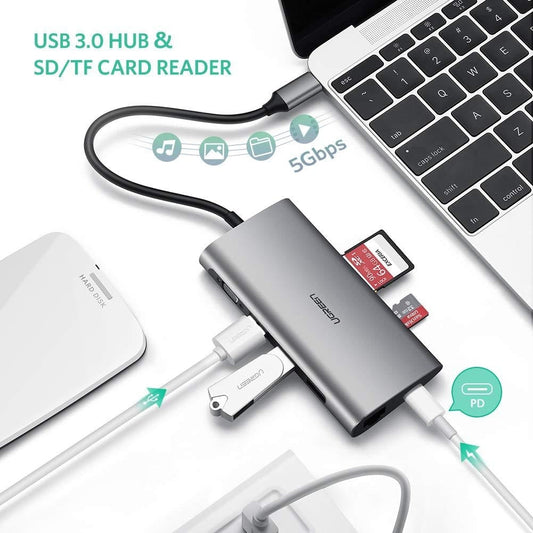 UGREEN Type C 8 in 1 Multifultion adaptor VGA/RJ45/USB3.0 x 3/SD/TF/TypeC PD Protocal (50539) | Auzzi Store