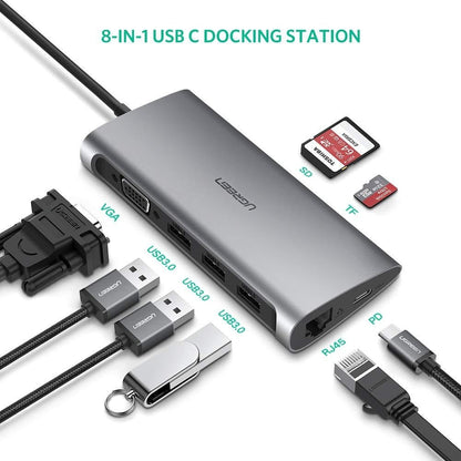 UGREEN Type C 8 in 1 Multifultion adaptor VGA/RJ45/USB3.0 x 3/SD/TF/TypeC PD Protocal (50539) | Auzzi Store