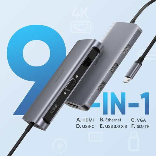 UGREEN Type C 9 in 1 Multifunction Adapter- HDMI/ VGA/Gigabit/TypeC/USB3.0 x 3/SD/TF (40873) | Auzzi Store
