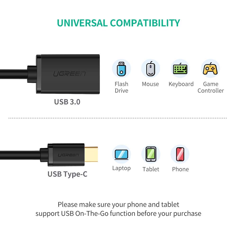 UGREEN USB Type-C Male to USB 3.0 Type A Female OTG Cable - Black 15CM (30701) | Auzzi Store