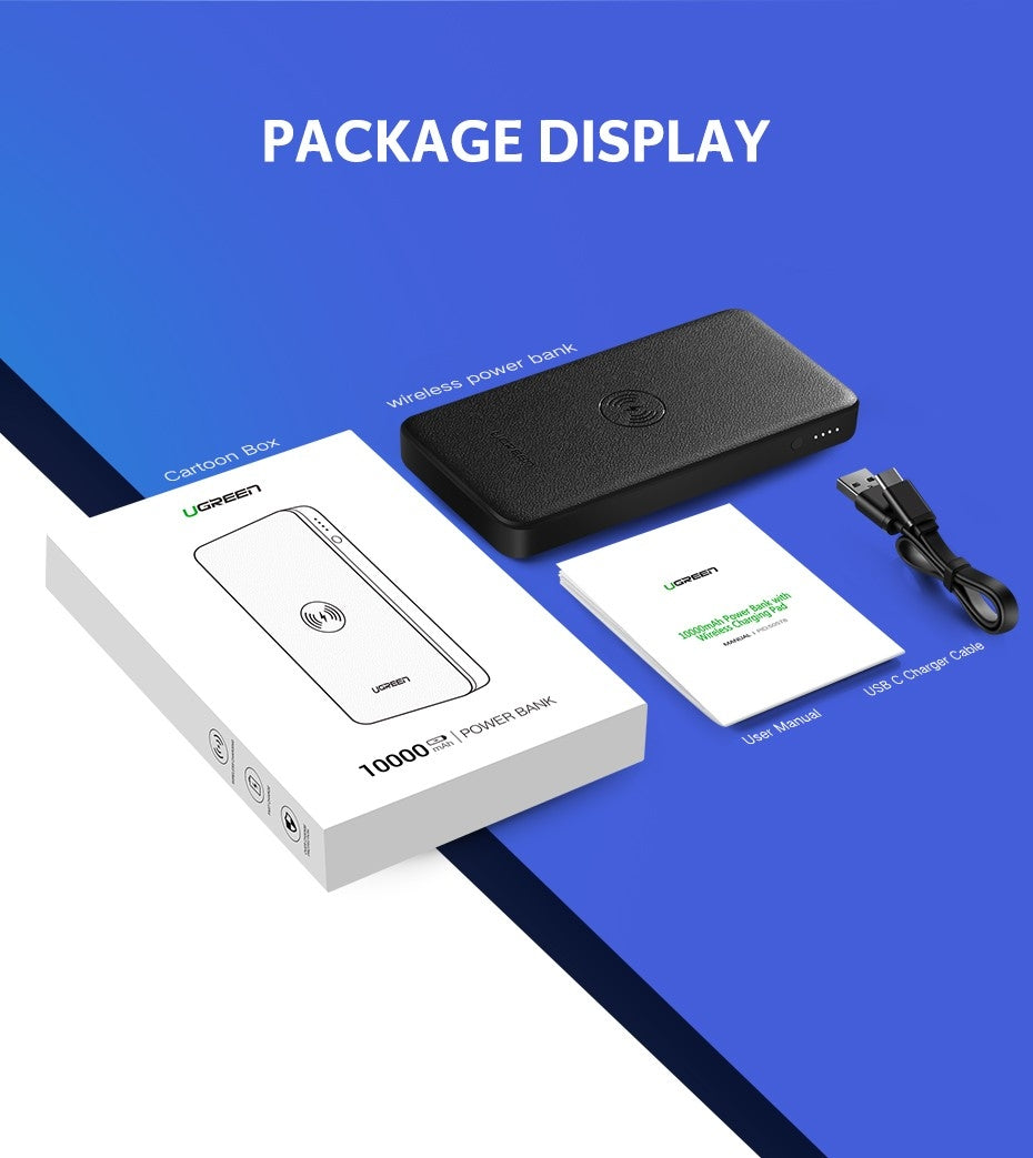 UGreen 10000mAh  Power bank  with 10W QI Wireless Charging Pad - Black 50578 | Auzzi Store