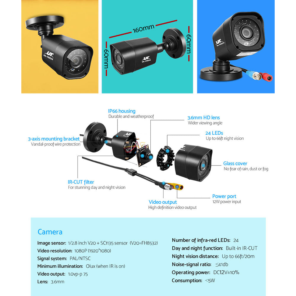 UL-TECH 4CH 5 IN 1 DVR CCTV Security System Video Recorder 4 Cameras 1080P HDMI Black | Auzzi Store