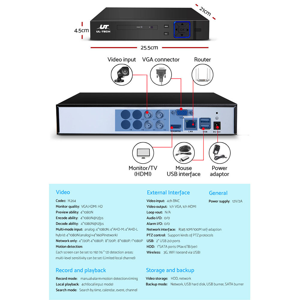 UL-TECH 4CH 5 IN 1 DVR CCTV Security System Video Recorder 4 Cameras 1080P HDMI Black | Auzzi Store