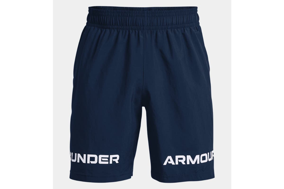 Under Armour Men's Woven Graphic Wordmark Shorts (Academy/White)