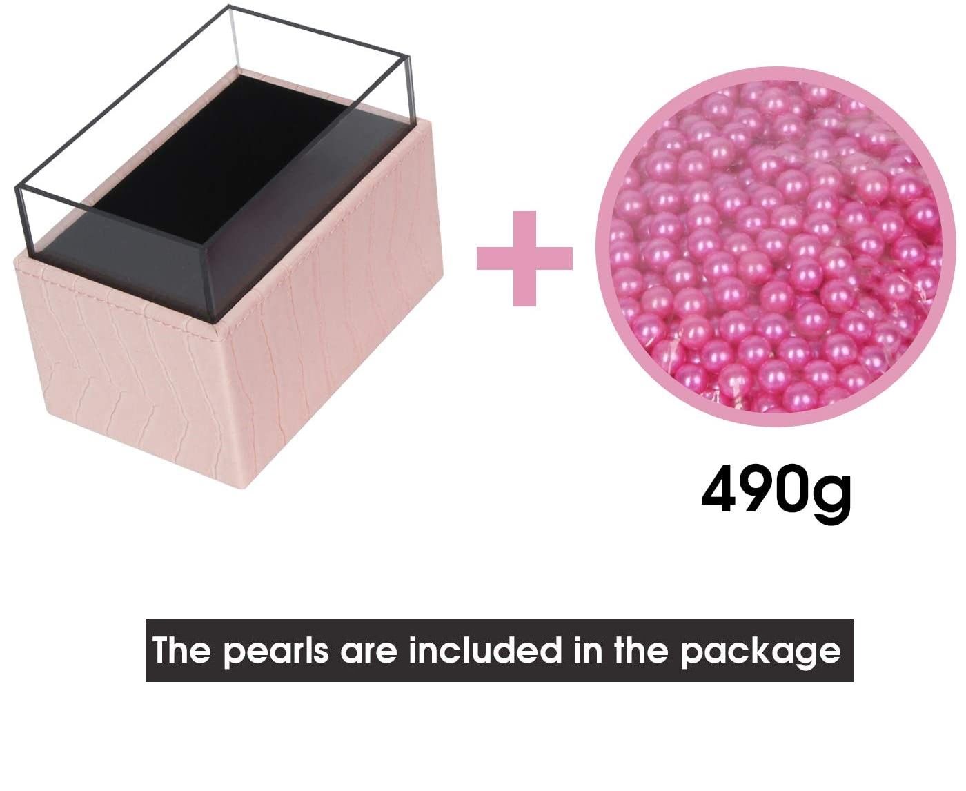 Leather Makeup Brush Cosmetic Organiser Storage Box with Pink Pearls and Acrylic Cover (Pink)