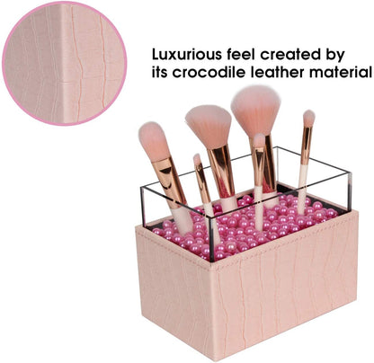 Leather Makeup Brush Cosmetic Organiser Storage Box with Pink Pearls and Acrylic Cover (Pink)