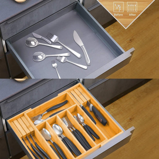Large Capacity Bamboo Expandable Drawer Organizer with Knife Block Holder for Home Kitchen Utensils – view 2