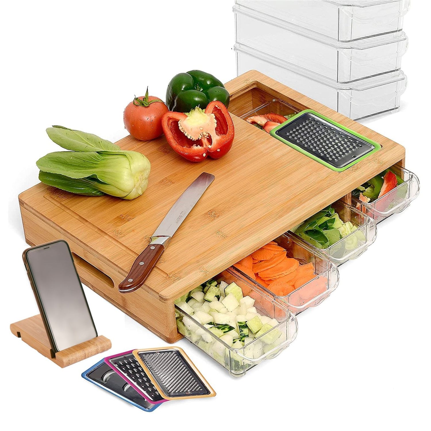 Large Bamboo Cutting Board and 4 Containers with Mobile Holder gift included for Home Kitchen - Auzzistore