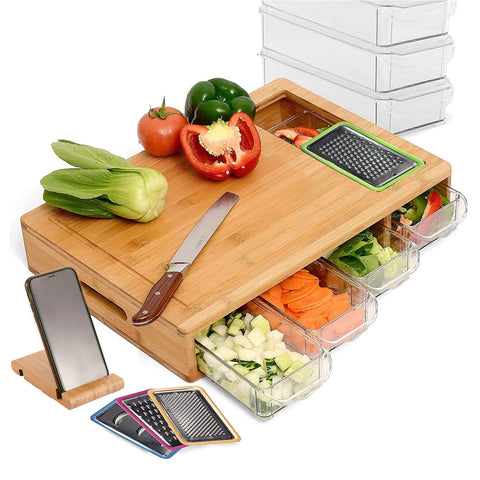 Large Bamboo Cutting Board and 4 Containers with Mobile Holder gift included for Home Kitchen - Auzzistore
