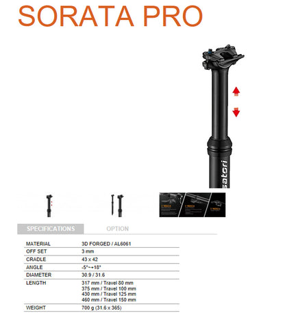 Satori Sorata Pro Dropper Seat Post Internal Cable 31.6 Diameter 125mm Travel MTB Trekking Bike