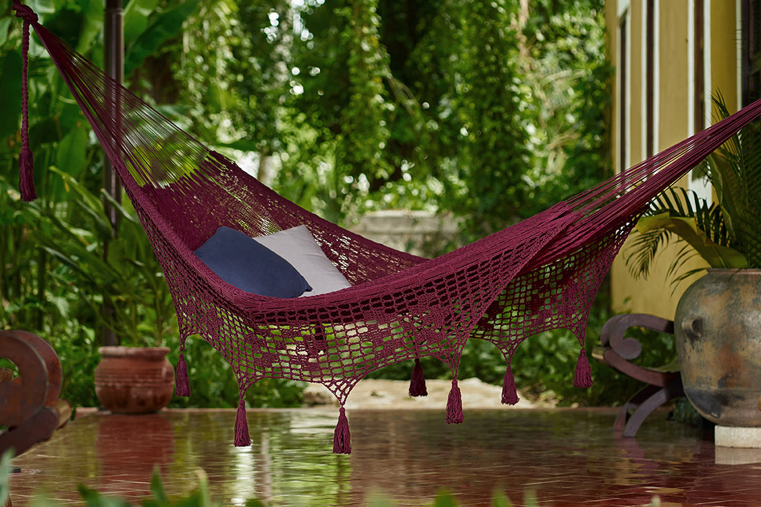 Mayan Legacy King Size Deluxe Outdoor Cotton Mexican Hammock in Maroon Colour