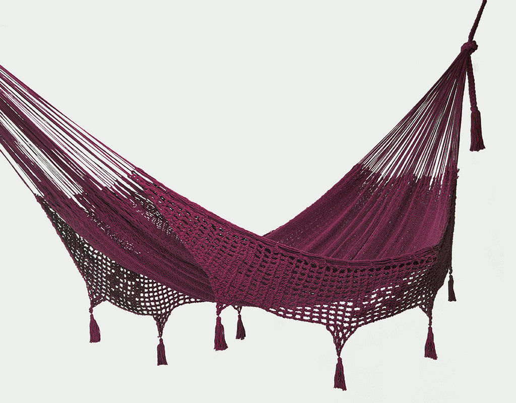 Mayan Legacy Queen Size Deluxe Outdoor Cotton Mexican Hammock in Maroon Colour