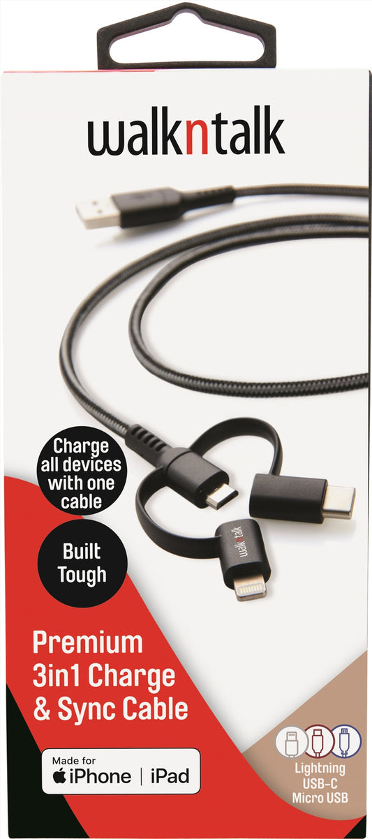 Walk n Talk 3in1 Charge & Sync Cable Lightning/USB-C/Micro USB | Auzzi Store